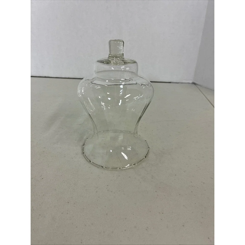 Clear Glass Hurricane Candle Shade Bell Scalloped Rim Decorative Finial 5.75in